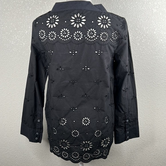 J. Crew Black Eyelet Long Sleeve High Low Top Size 0 - Picture 5 of 8